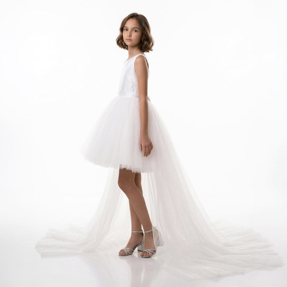 Kız Çocuk Beyaz Önü Kısa Arkası Uzun Kuyruklu Tül Abiye Elbise 24364
