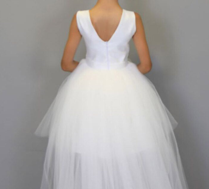 Kız Çocuk Beyaz Önü Kısa Arkası Uzun Kuyruklu Tül Abiye Elbise 24364