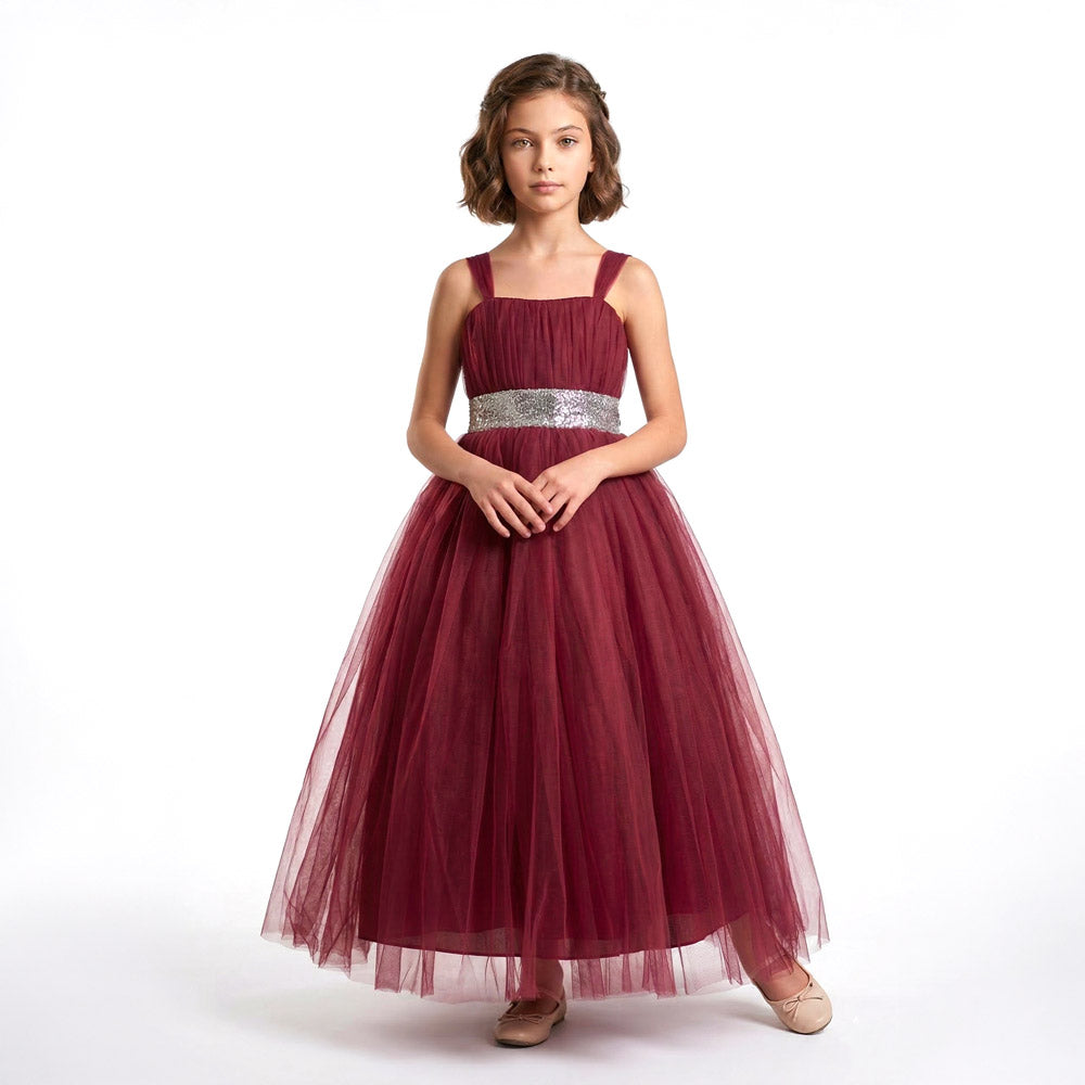 Kız Çocuk Sırtı Gipeli Tütü Etekli Payet Kemerli Uzun Abiye Elbise 74429