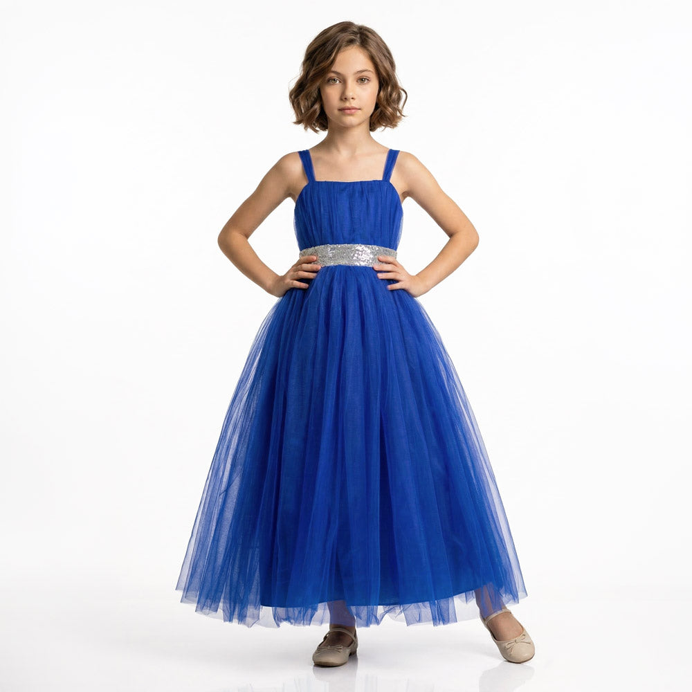 Kız Çocuk  Sırtı Gipeli Tütü Etekli Payet Kemerli Uzun Abiye Elbise