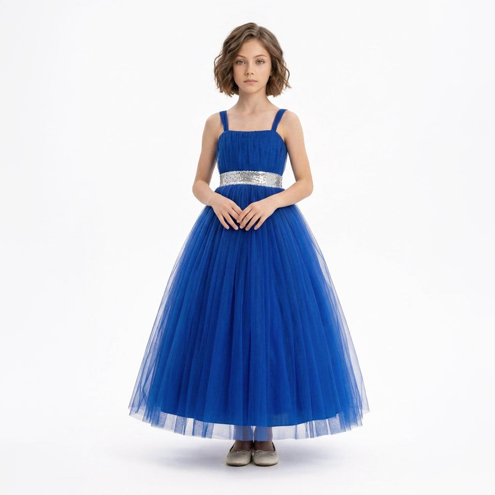 Kız Çocuk  Sırtı Gipeli Tütü Etekli Payet Kemerli Uzun Abiye Elbise