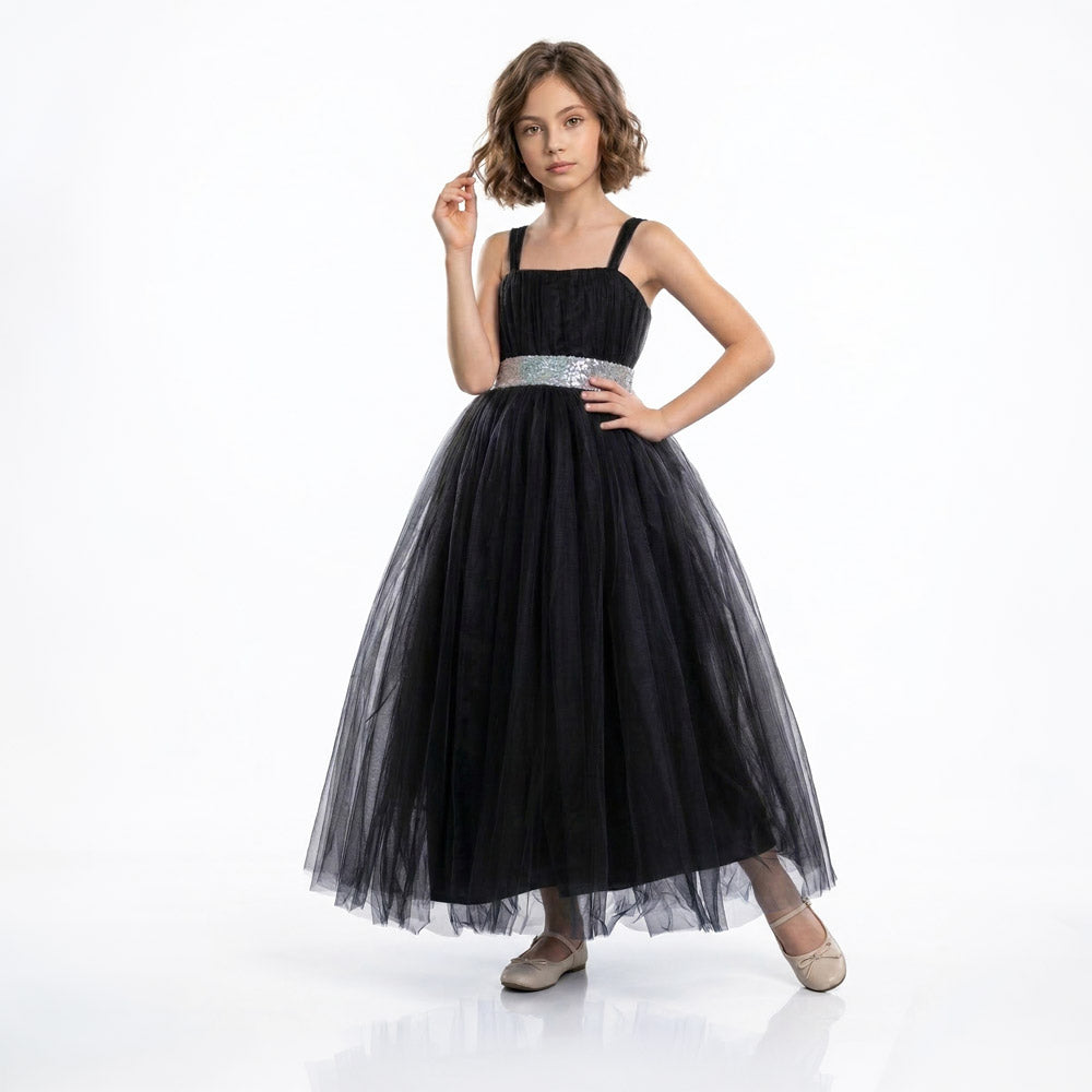 Kız Çocuk Sırtı Gipeli Tütü Etekli Payet Kemerli Uzun Abiye Elbise 74429