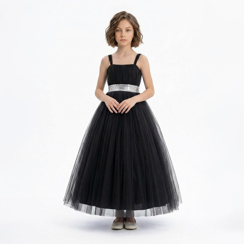 Kız Çocuk Sırtı Gipeli Tütü Etekli Payet Kemerli Uzun Abiye Elbise 74429