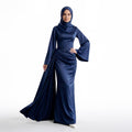 Kadın Lacivert İspanyol Kol ve Yandan Kuyruklu Saten Tesettür Abiye Elbise 01639