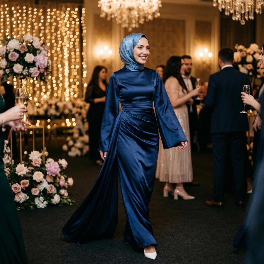 Kadın Lacivert İspanyol Kol ve Yandan Kuyruklu Saten Tesettür Abiye Elbise 01639