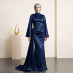 Kadın Lacivert İspanyol Kol ve Yandan Kuyruklu Saten Tesettür Abiye Elbise 01639