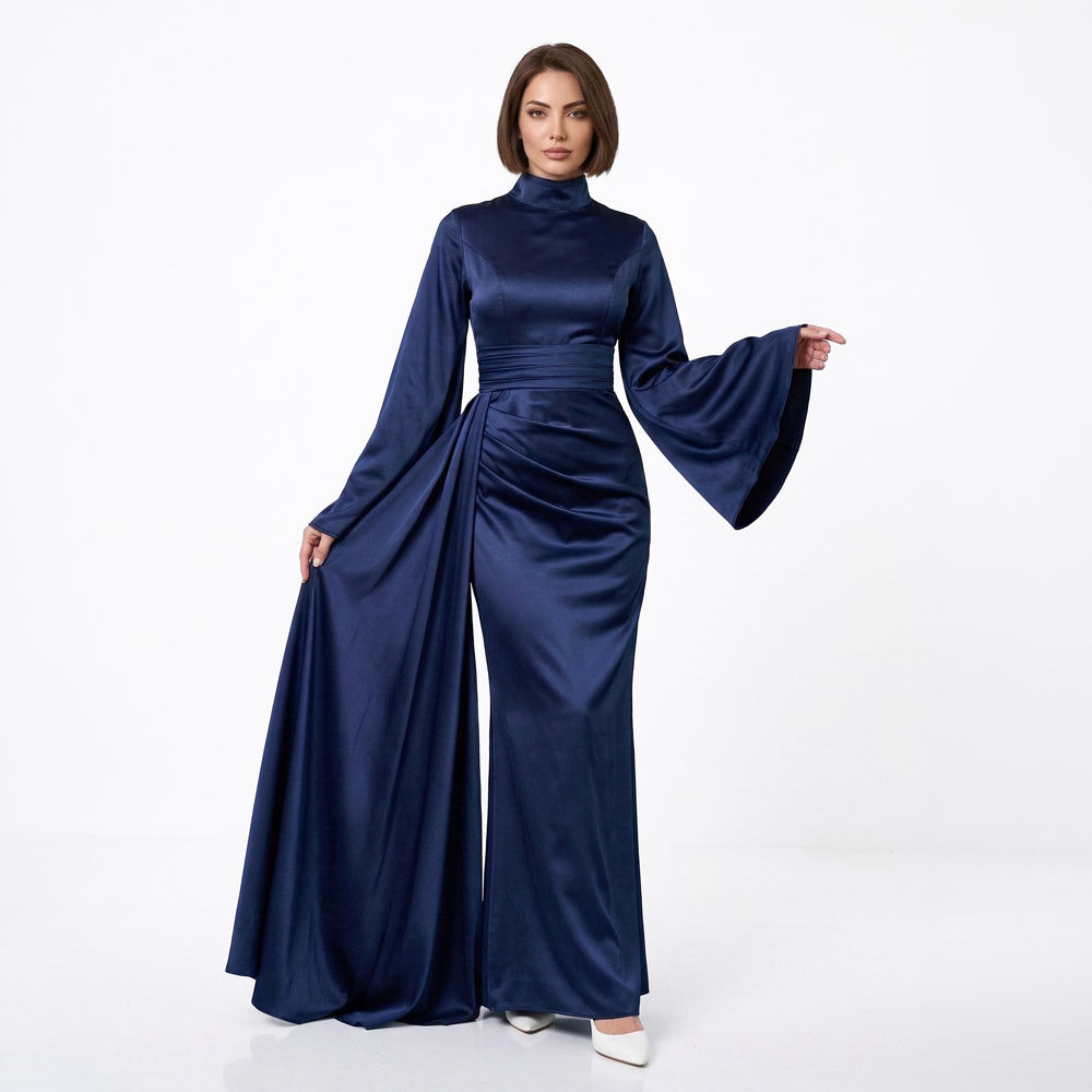 Kadın Lacivert İspanyol Kol ve Yandan Kuyruklu Saten Tesettür Abiye Elbise 01639
