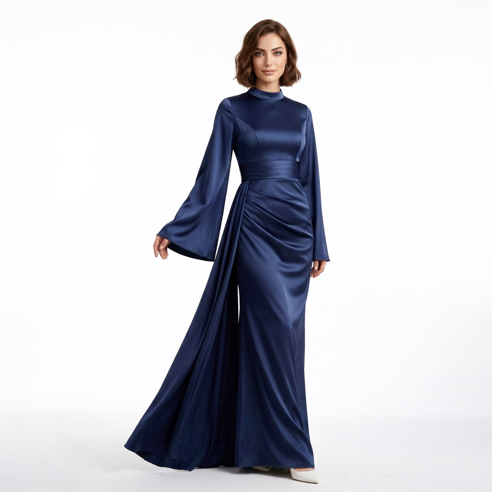 Kadın Lacivert İspanyol Kol ve Yandan Kuyruklu Saten Tesettür Abiye Elbise 01639