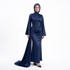 Kadın Lacivert İspanyol Kol ve Yandan Kuyruklu Saten Tesettür Abiye Elbise 01639