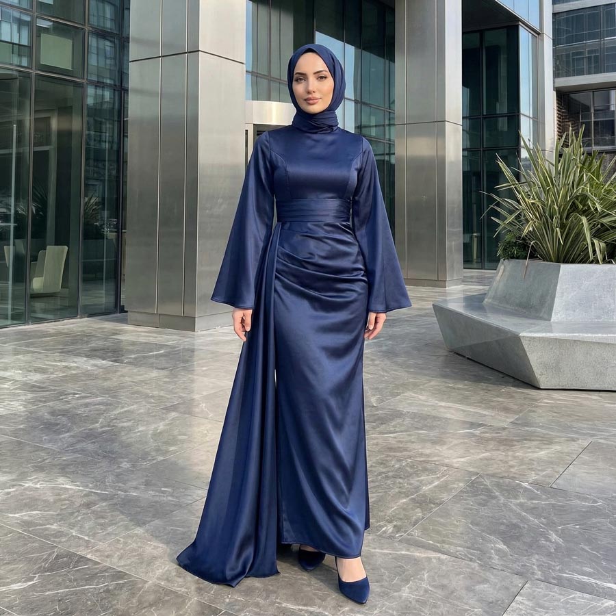 Kadın Lacivert İspanyol Kol ve Yandan Kuyruklu Saten Tesettür Abiye Elbise 01639