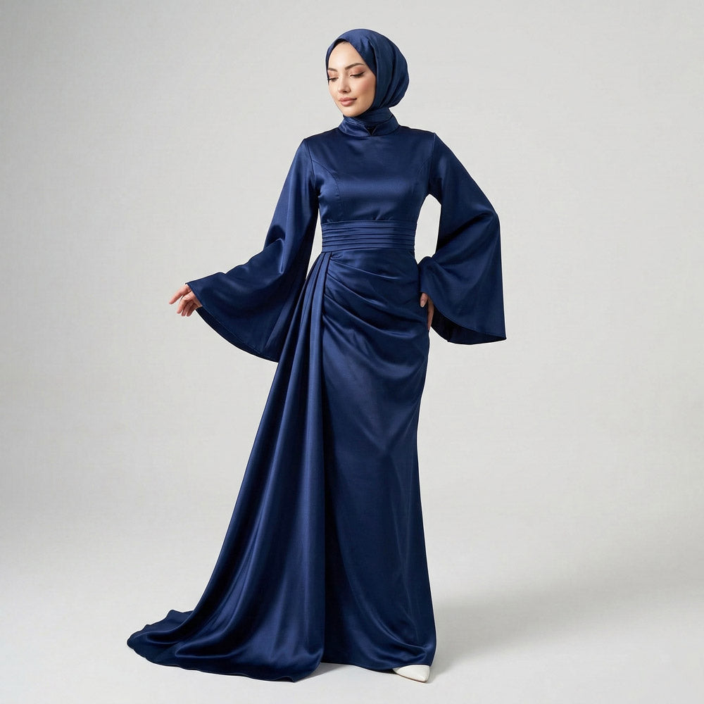 Kadın Lacivert İspanyol Kol ve Yandan Kuyruklu Saten Tesettür Abiye Elbise 01639
