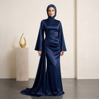 Kadın Lacivert İspanyol Kol ve Yandan Kuyruklu Saten Tesettür Abiye Elbise 01639
