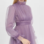 Kadın Mor Menekşe Hayal Tül Büzgü Detaylı Tesettür Abiye Elbise 98658