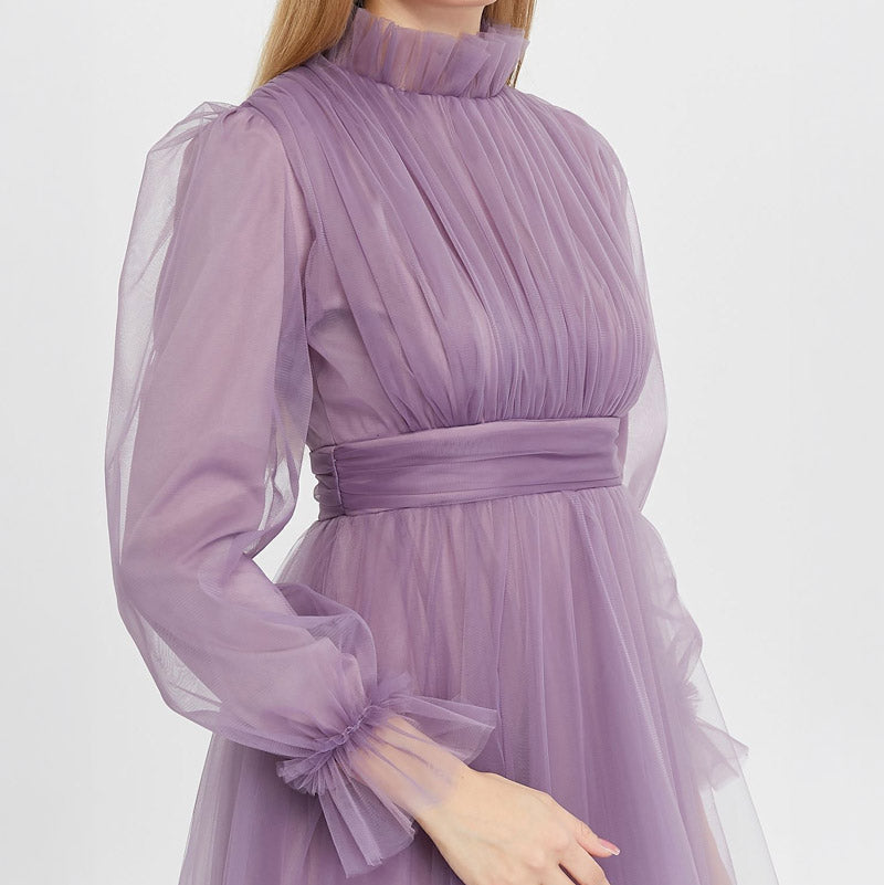 Kadın Mor Menekşe Hayal Tül Büzgü Detaylı Tesettür Abiye Elbise 98658