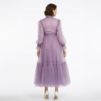 Kadın Mor Menekşe Hayal Tül Büzgü Detaylı Tesettür Abiye Elbise 98658