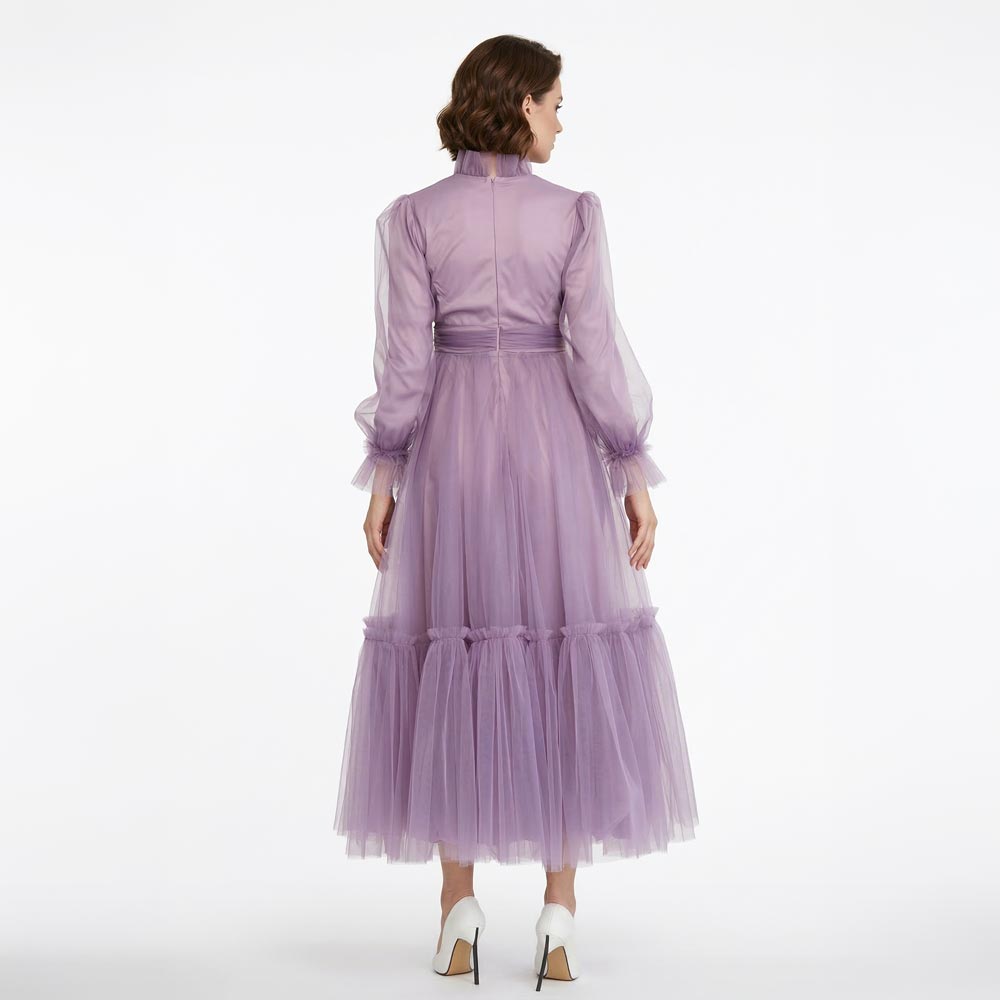 Kadın Mor Menekşe Hayal Tül Büzgü Detaylı Tesettür Abiye Elbise 98658