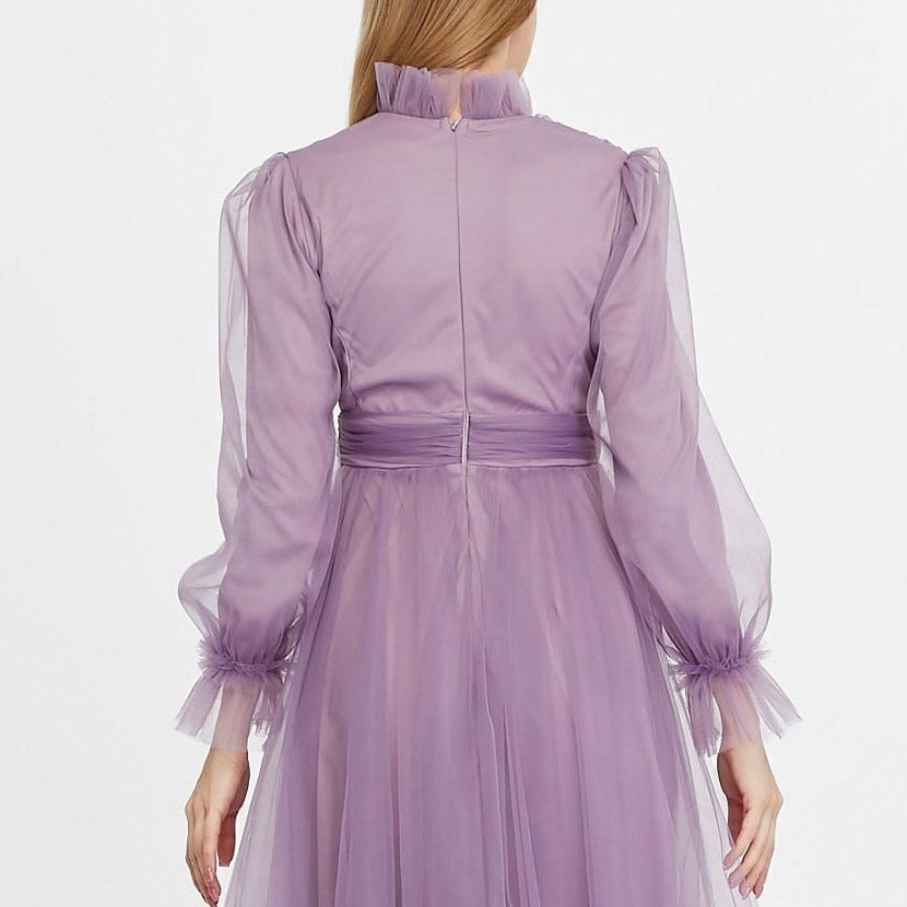 Kadın Mor Menekşe Hayal Tül Büzgü Detaylı Tesettür Abiye Elbise 98658