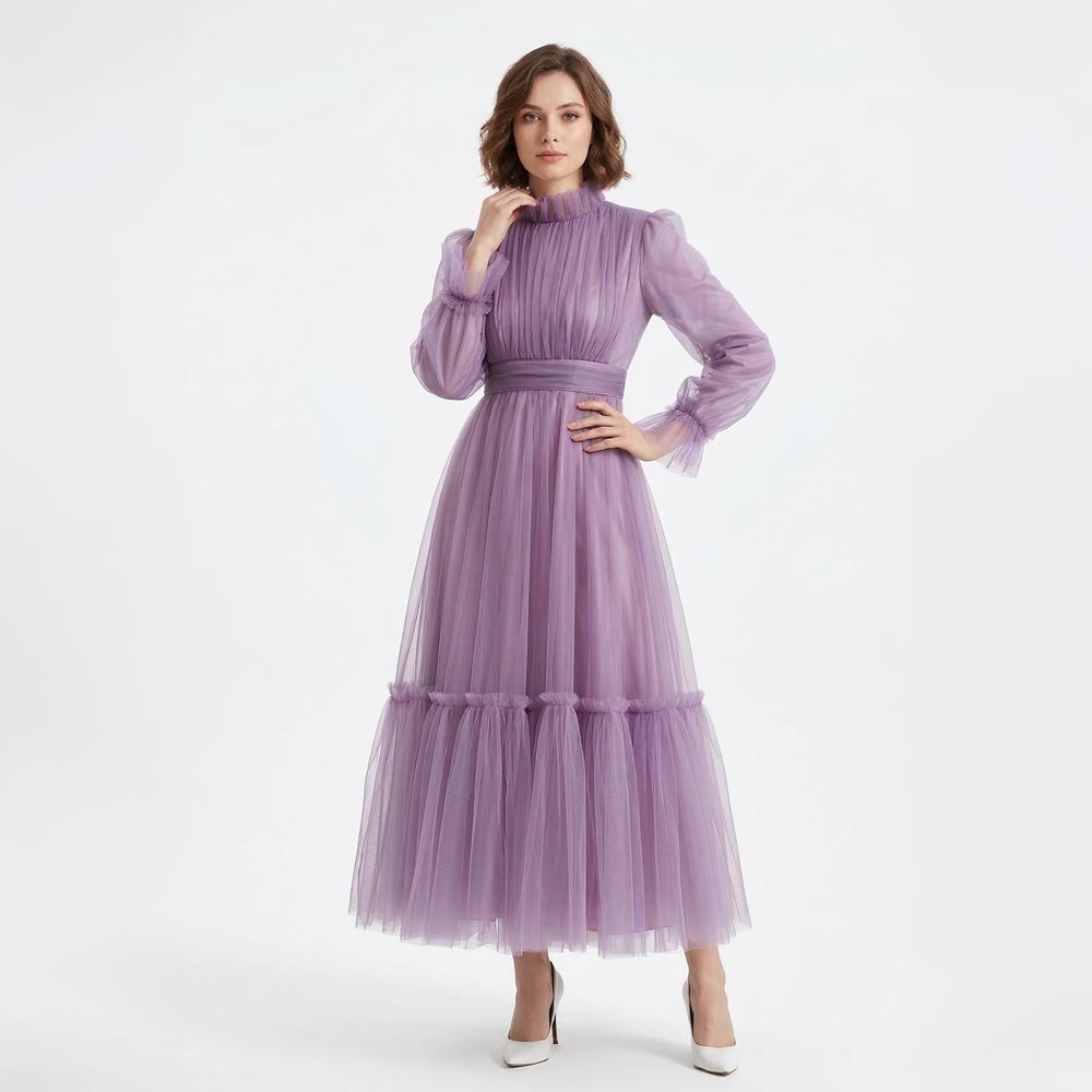 Kadın Mor Menekşe Hayal Tül Büzgü Detaylı Tesettür Abiye Elbise 98658