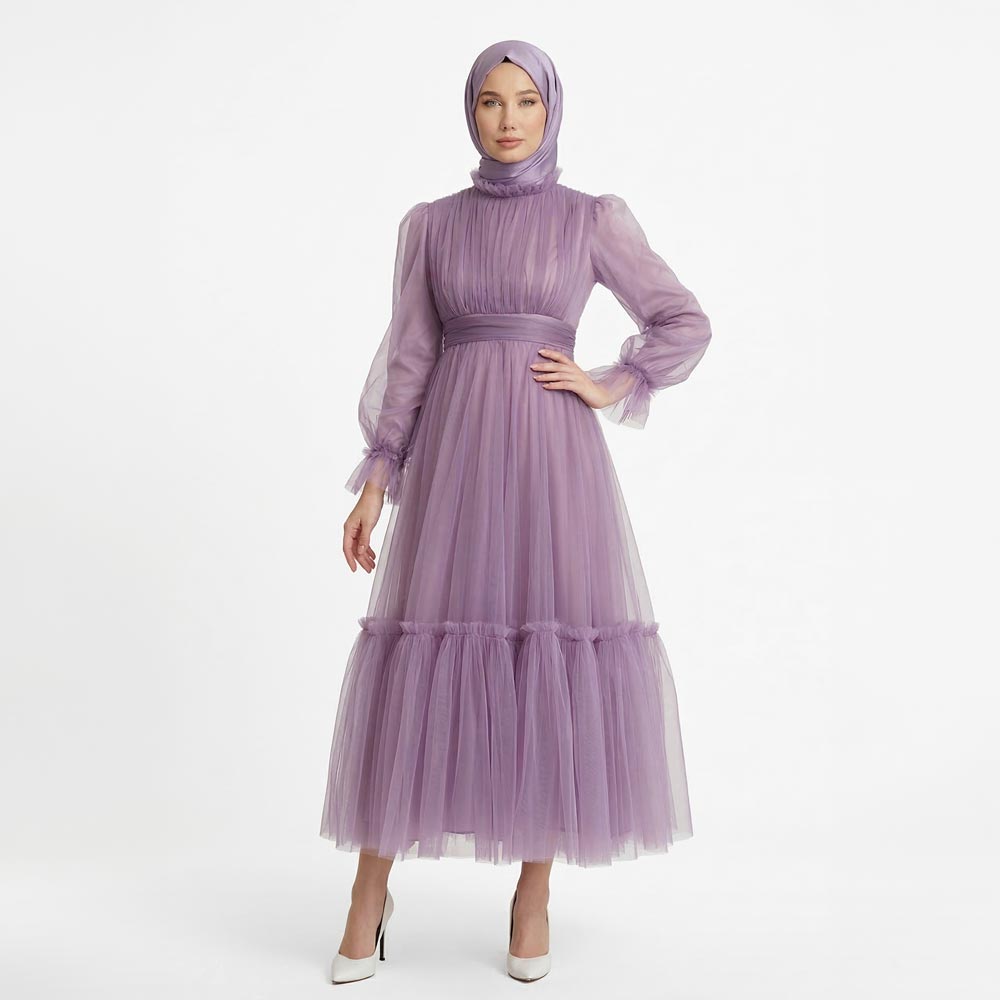 Kadın Mor Menekşe Hayal Tül Büzgü Detaylı Tesettür Abiye Elbise 98658