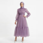 Kadın Mor Menekşe Hayal Tül Büzgü Detaylı Tesettür Abiye Elbise 98658