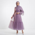 Kadın Mor Menekşe Hayal Tül Büzgü Detaylı Tesettür Abiye Elbise 98658