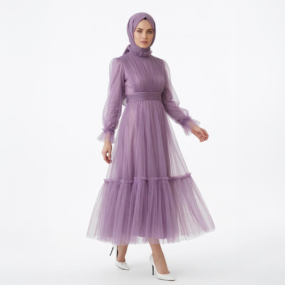 Kadın Toz Pembe Dik Yaka Uzun Kollu Büzgülü Tül Abiye Elbise 98658