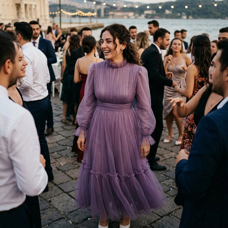 Kadın Mor Menekşe Hayal Tül Büzgü Detaylı Tesettür Abiye Elbise 98658