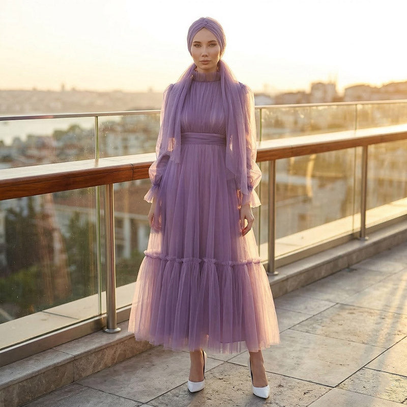 Kadın Mor Menekşe Hayal Tül Büzgü Detaylı Tesettür Abiye Elbise 98658