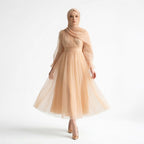 Kadın Nude Bej Kruvaze Yaka Uzun Balon Kollu Tül Abiye Elbise 87827