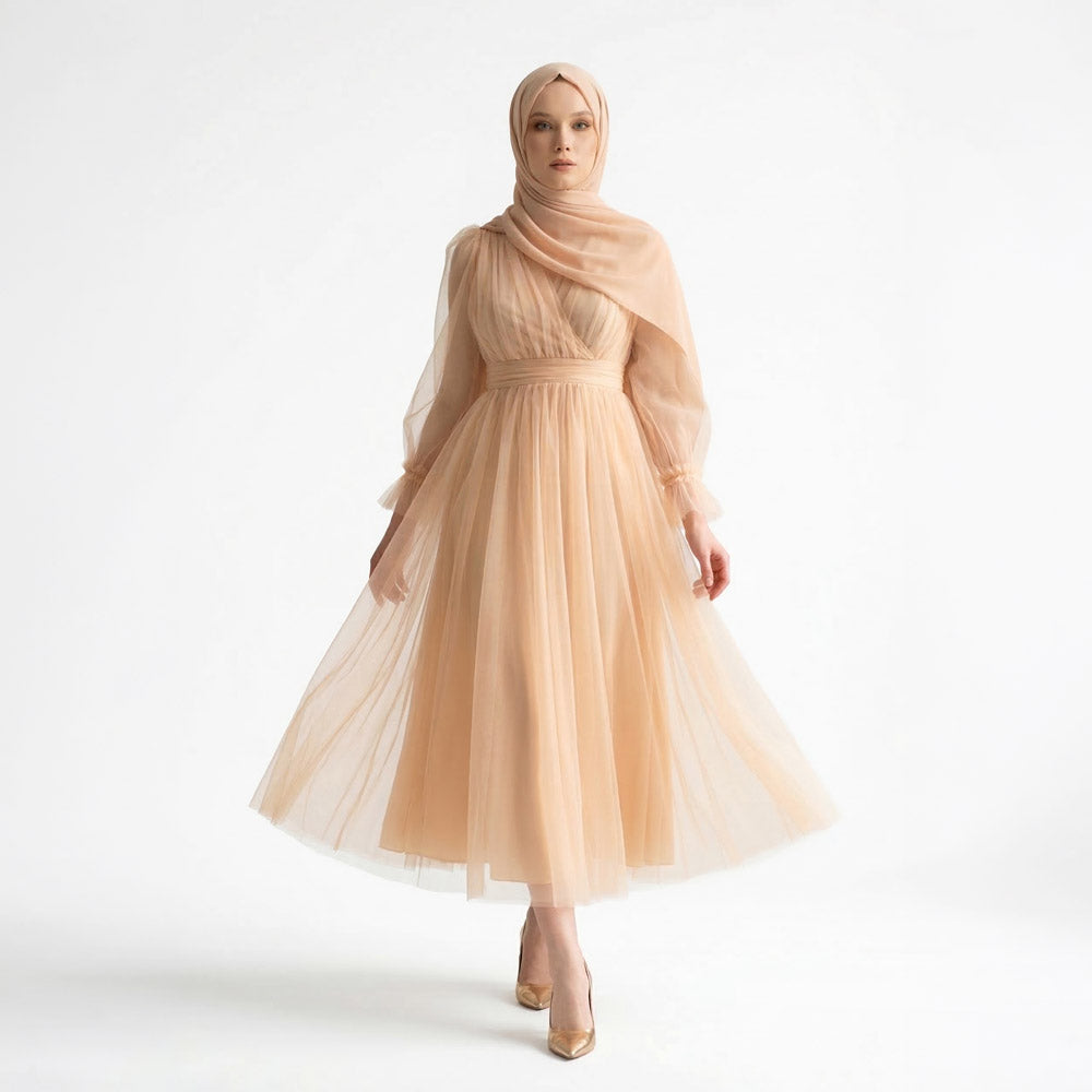 Kadın Nude Bej Kruvaze Yaka Uzun Balon Kollu Tül Abiye Elbise 87827