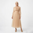 Kadın Nude Bej Kruvaze Yaka Uzun Balon Kollu Tül Abiye Elbise 87827