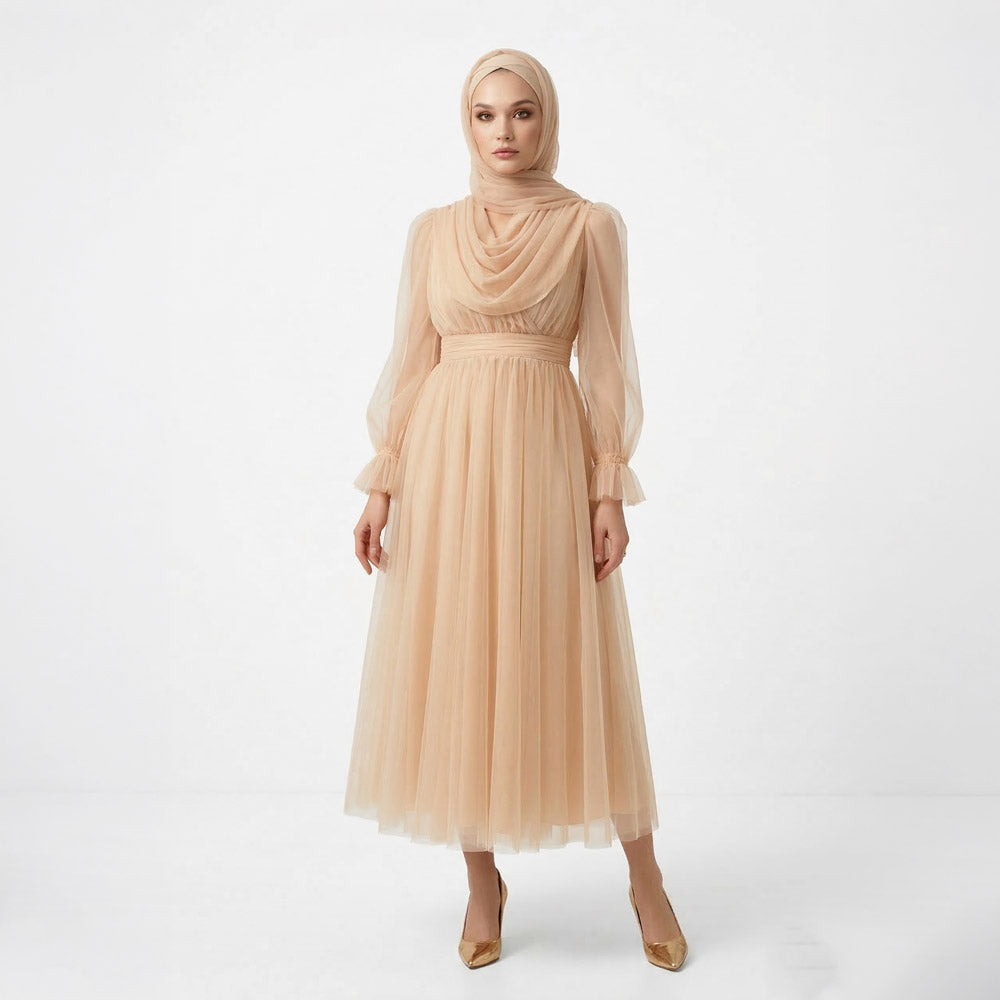 Kadın Nude Bej Kruvaze Yaka Uzun Balon Kollu Tül Abiye Elbise 87827