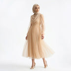 Kadın Nude Bej Kruvaze Yaka Uzun Balon Kollu Tül Abiye Elbise 87827