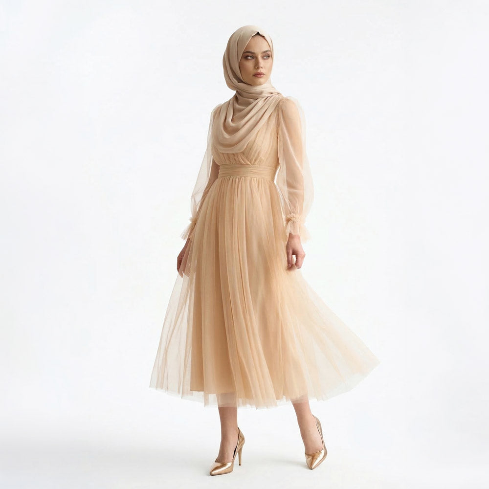 Kadın Nude Bej Kruvaze Yaka Uzun Balon Kollu Tül Abiye Elbise 87827
