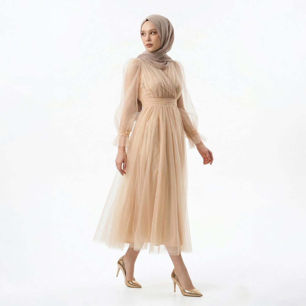 Kadın Nude Bej Kruvaze Yaka Uzun Balon Kollu Tül Abiye Elbise 87827
