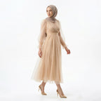 Kadın Nude Bej Kruvaze Yaka Uzun Balon Kollu Tül Abiye Elbise 87827