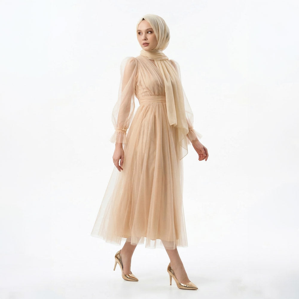 Kadın Nude Bej Kruvaze Yaka Uzun Balon Kollu Tül Abiye Elbise 87827
