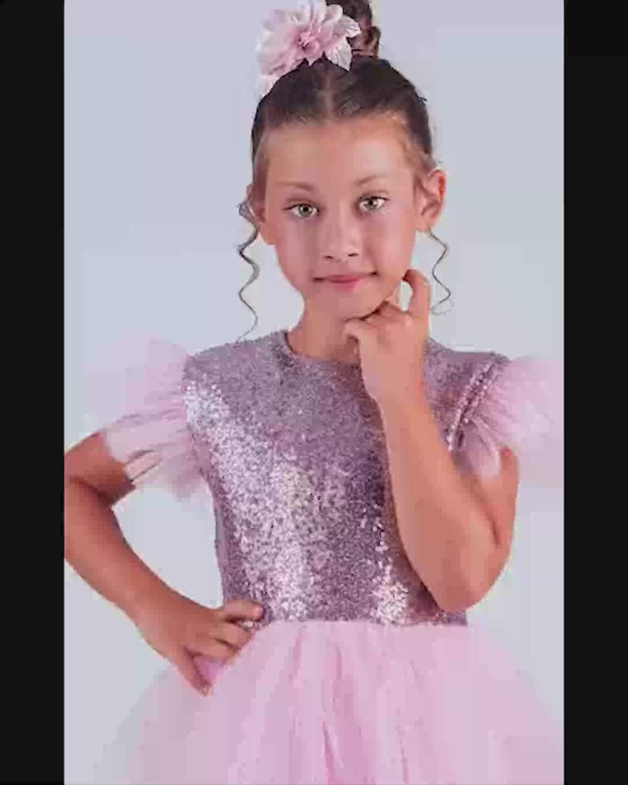 Kız Çocuk Gümüş Pul İşlemeli Kabarık Tüllü Abiye Elbise 43408