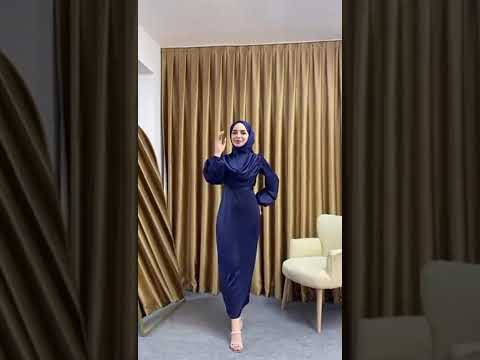 Lacivert Degaje Yaka Kemerli Saten Tesettür Abiye 33502