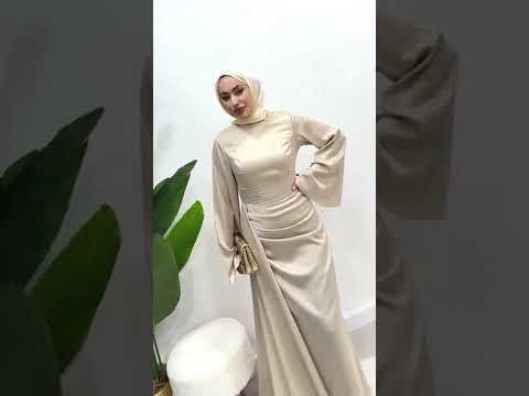 Kadın İspanyol Kol ve Yandan Kuyruklu Saten Tesettür Abiye Elbise 01639