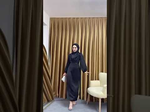 Kadın Siyah Degaje Yaka Kemerli Saten Tesettür Abiye