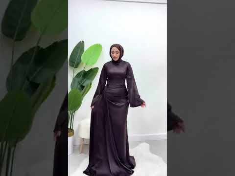 Kadın İspanyol Kol ve Yandan Kuyruklu Saten Tesettür Abiye Elbise 01639