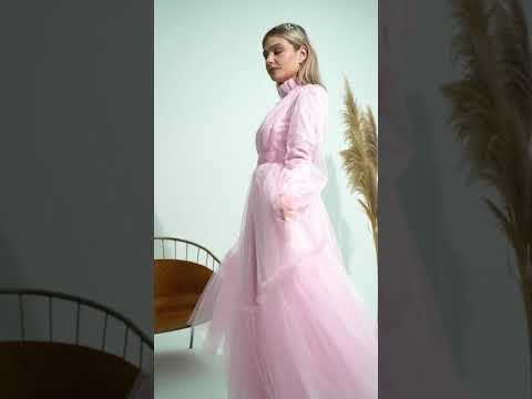 Kadın Toz Pembe Dik Yaka Uzun Kollu Büzgülü Tül Abiye Elbise 98658