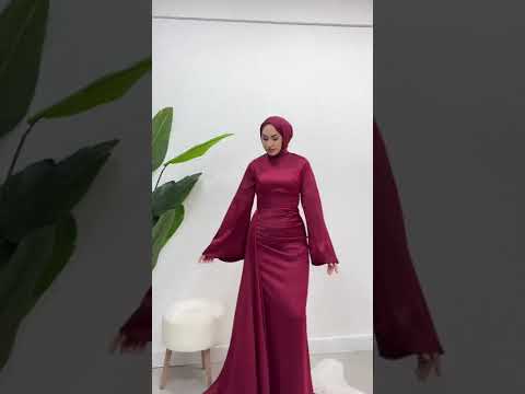 Kadın İspanyol Kol ve Yandan Kuyruklu Saten Tesettür Abiye Elbise 01639