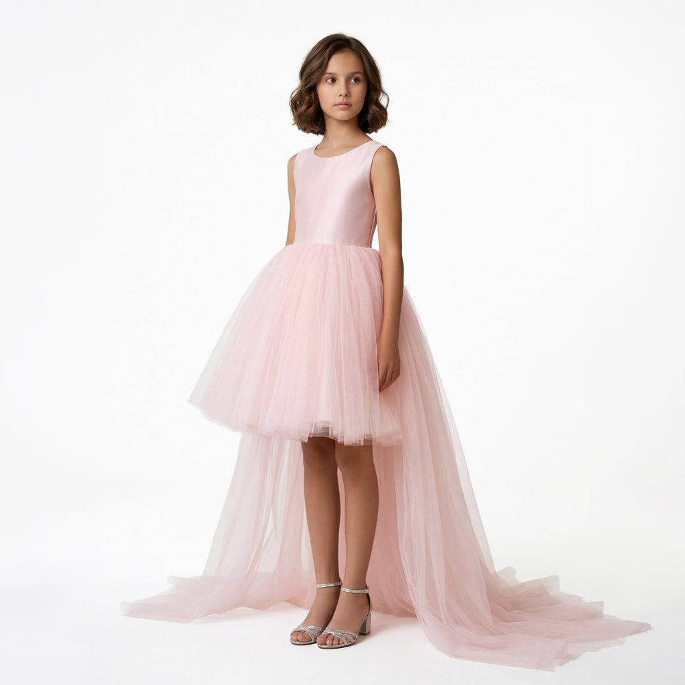 Kız Çocuk Beyaz Önü Kısa Arkası Uzun Kuyruklu Tül Abiye Elbise 24364