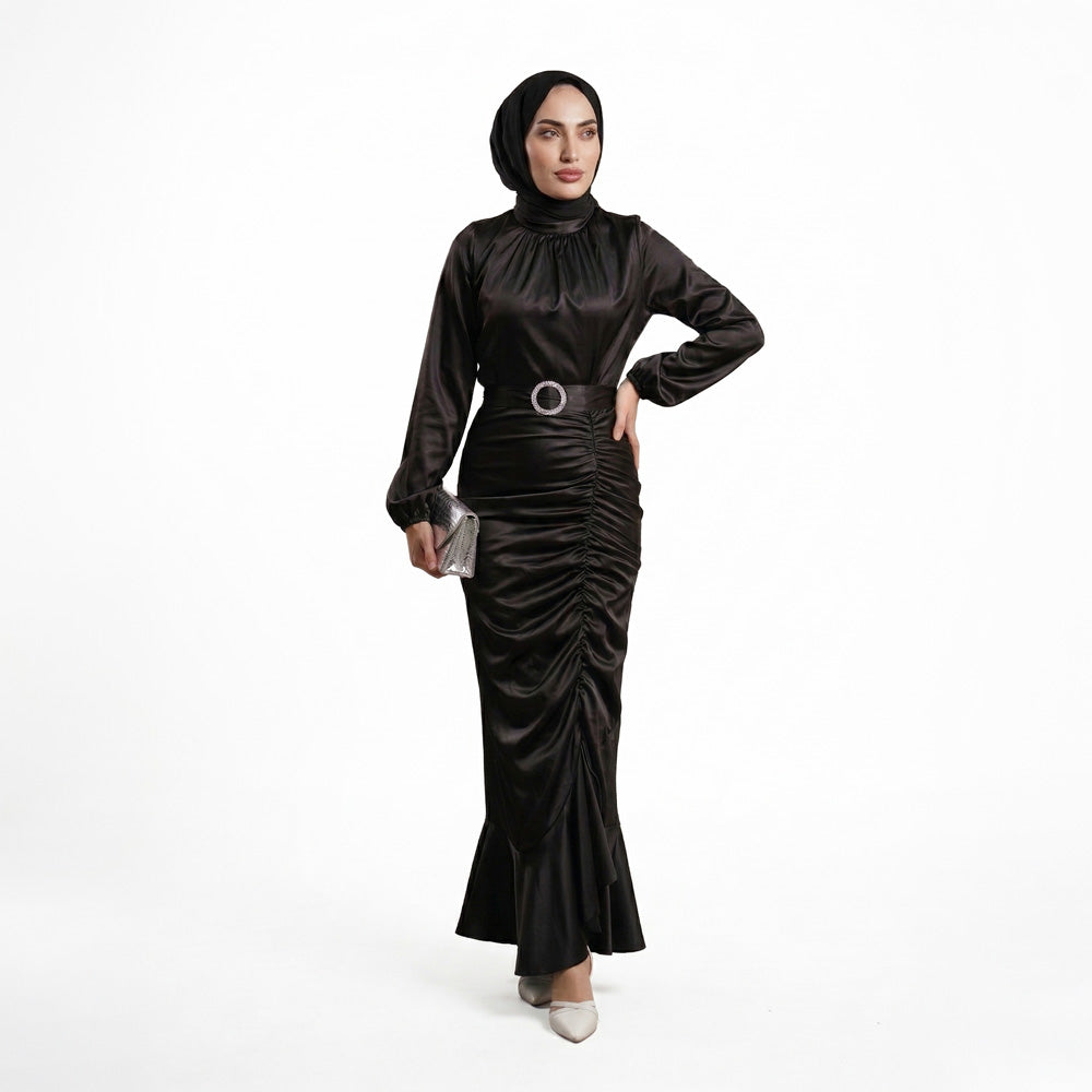 Siyah Balık Büzgülü Saten Tesettür Abiye Elbise 87266