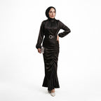 Siyah Balık Büzgülü Saten Tesettür Abiye Elbise 87266