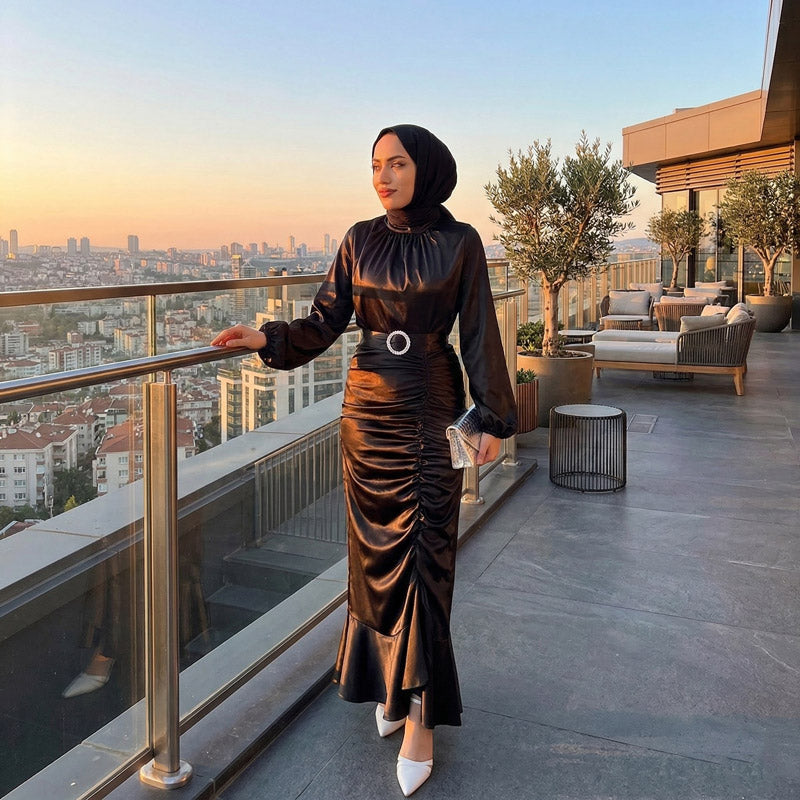 Siyah Balık Büzgülü Saten Tesettür Abiye Elbise 87266