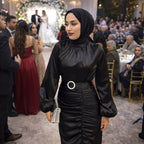 Siyah Balık Büzgülü Saten Tesettür Abiye Elbise 87266