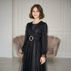 Kız Çocuk Siyah Uzun Kollu Saten Tesettür Abiye Elbise 39130